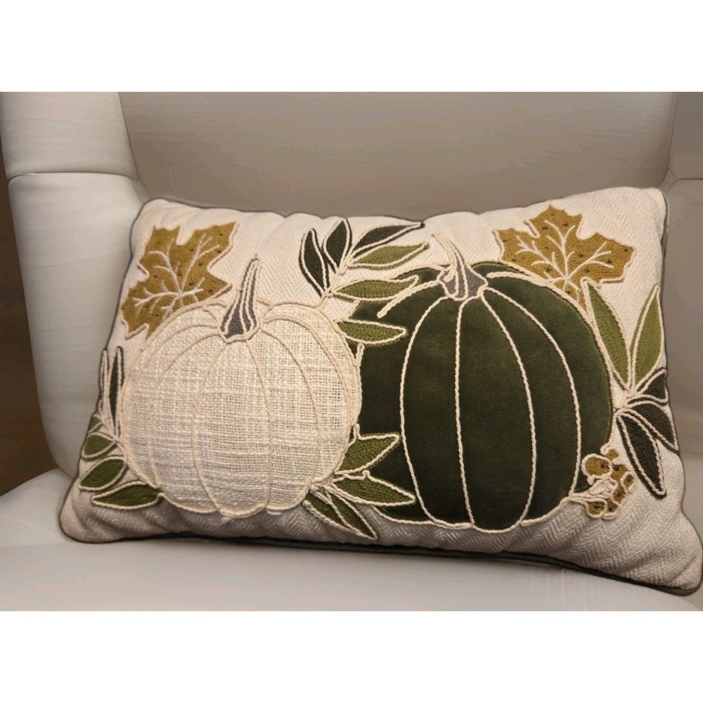 Green Pumpkin Fall Throw Pillow Autumn Scene 18 x 12 Embroidered Stitched